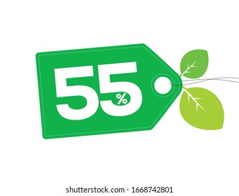 Vektorillustration-Green-Preis-Markierung mit 55 % Text, Blättern und weißen Stichen einzeln auf weißem Hintergrund. Für Frühjahr Sommer-Verkaufskampagne.
