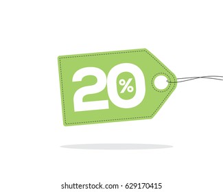 Vector green price tag label with 20% text and black stitches on it and with shadow isolated on white background. For spring summer sale campaign.