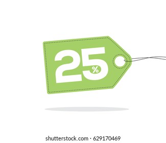 Vector green price tag label with 25% text and black stitches on it and with shadow isolated on white background. For spring summer sale campaign.