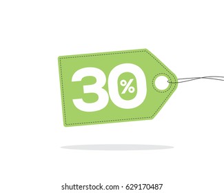 Vector green price tag label with 30% text and black stitches on it and with shadow isolated on white background. For spring summer sale campaign.