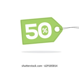Vector green price tag label with 50% text and black stitches on it and with shadow isolated on white background. For spring summer sale campaign.