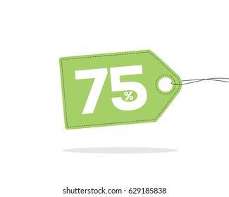 Vector green price tag label with 75% text and black stitches on it and with shadow isolated on white background. For spring summer sale campaign.