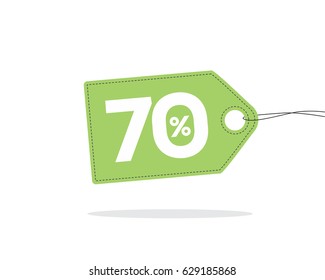 Vector green price tag label with 70% text and black stitches on it and with shadow isolated on white background. For spring summer sale campaign.