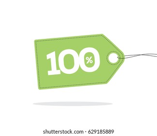 Vector green price tag label with 100% text and black stitches on it and with shadow isolated on white background. For spring summer sale campaign.