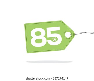 Vector green price tag label with 85% text and black stitches on it and with shadow isolated on white background. For spring summer sale campaign.