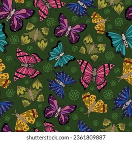 Vector green purple blue pink yellow Butterfly take flight Seamless Repeat Pattern background, perfect for fabric, scrapbooking, wallpaper, card making, sewing projects