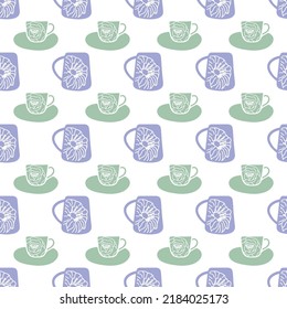 Vector green and purple cups with flowers, stripes seamless background. Excellent for fabric, scrapbooking, wallpaper projects, backgrounds, invitations, design projects. Surface pattern design.