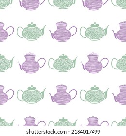 Vector green and purple teapots, stripes seamless background. Excellent for fabric, scrapbooking, wallpaper projects, backgrounds, invitations, design projects. Surface pattern design.