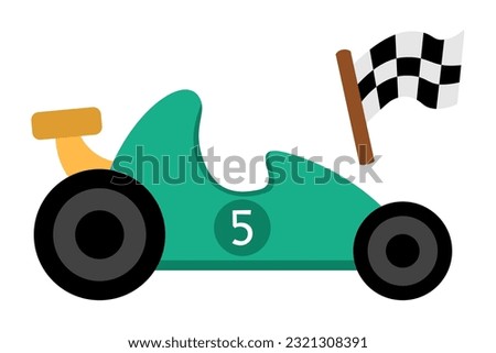 Vector green racing car. Funny speedy automobile for kids. Cute sport track vehicle clip art. Retro transport icon with checked flag isolated on white background
