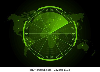 Vector green radar with targets in action. HUD radar display. Military Search System. Monitors with grid map and green neon objects. Vector illustration.