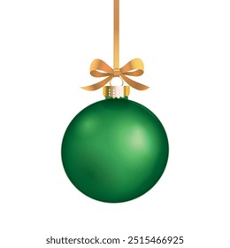 Vector green realistic christmas ornament with golden bow.