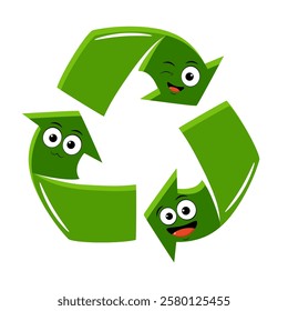 Vector Green Recycle Symbol with cute emoji faces. Arrow recycle symbol. Sustainable development of strategy approach to zero waste, responsible consumption, eco-friendly. Reuse, renewable resources 