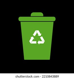 Vector green recycling bin with recycle logo isolated on black background.Vector illustration.