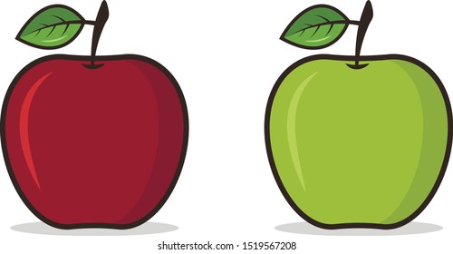 vector green and red apple icon with leaf and twig with outline with translucent shadow without background