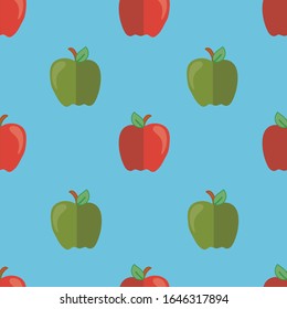 Vector Verde y manzana roja, patrón transparente con fondo azul claro. Perfecto para reservas de tela, papel pintado y basura.