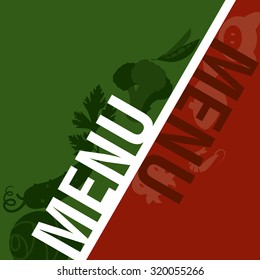 Vector green and red background for menu with vegetables and meat. Vector illustration for restaurant or cafe.