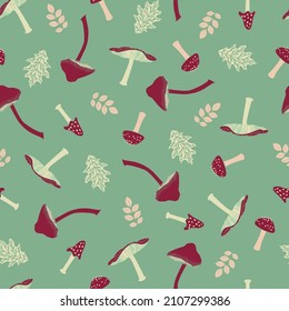 Vector green red mushroom leaf seamless pattern. perfect for wall and wrapping paper, kitchen, fabric, and case design