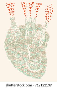 Vector green and red outline contoured fantasy Heart silhouette from trees, rose flowers, fairy tale buildings, garden and red hearts on a beige background. T shirt print. Coloring book, batik, poster