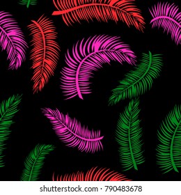 Vector green and red palm tree pattern seamless on black background wallpaper, textile, fabric
