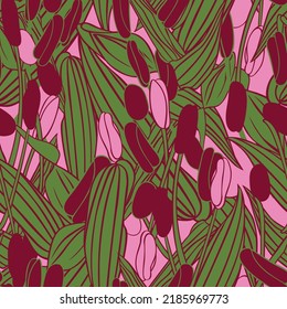 Vector green, red and pink abstracted leaves mixed with stamen seamless pattern background. Perfect for fabric, wallpaper, projects.