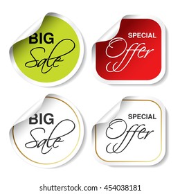Vector green, red and white advertising label. Circular and square bent stickers. Big sale and Special offer.