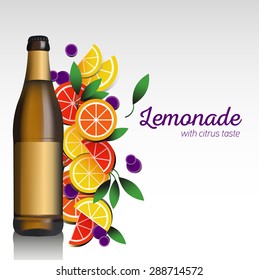 Vector green, red, yellow beer glass bottle mock-up with labels. Realistic bank. Lemonade. Summer fruit poster with cut lemon orange grapefruit and berries vectorillustration. Cider