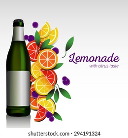 Vector green, red, yellow beer bottle mock-up with labels. Realistic bank.