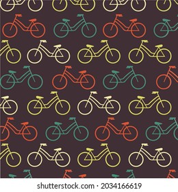 Vector de bicicletas verdes, rojas y amarillas repetidas sobre fondo negro. decoración gráfica diseño de impresión, concepto deportivo y de transporte de imágenes generadas digitalmente.