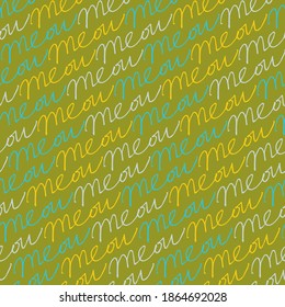 Vector green repeating cat meow horizontal scribble words seamless pattern. Perfect for fabric, scrapbooking and wallpaper projects.
