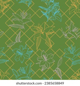 Vector green retro lilies seamless pattern background. Perfect for fabric, wallpaper, wrapping paper, projects.