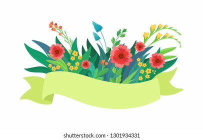 Vector green ribbon with flowers.
Flower elemens for Womans Day or wedding invitation. 
