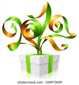 Vector green ribbon and gift box isolated on white background. Symbol of New Year 2017