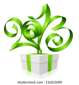 Vector green ribbon in the shape of 2013 and gift box. Symbol of New Year