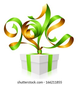 Vector green ribbon in the shape of 2014 and gift box. Symbol of New Year