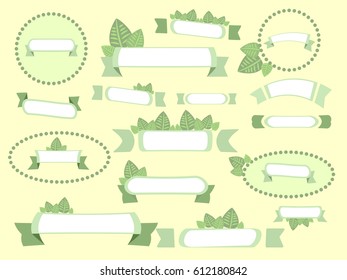 Vector green ribbons set. Elements isolated on yellow background. Sixteen light colored ribbons for text, banners with leaves, plant elements in frames