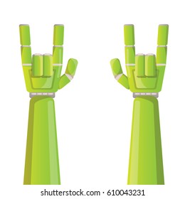 vector green rock n roll robot hand isolated on white background. vector rock music robotic arm gesture logo design template . 