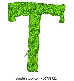 Vector green root alphabet. Herbal green letter T.