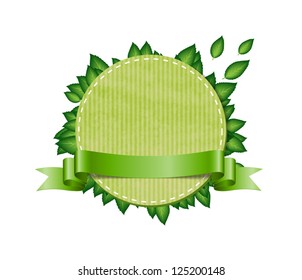 Vector green round hand made paper textured banner with green leaves and a ribbon
