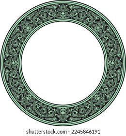 Ornamento oriental circular verde vectorial. Círculo con patrones árabes de Irán, Irak, Turquía, Siria. Marco persa, frontera.
