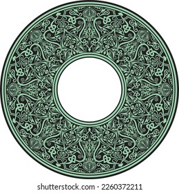 Vector green round oriental ornament. Arabic patterned circle of Iran, Iraq, Turkey, Syria. Persian frame, border.
