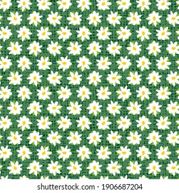 Vector green rows of fun daisy flowers repeat pattern with canvas background. Suitable for textile, gift wrap and wallpaper.