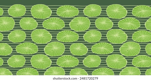 Vector green rows of water lily pads leaves horizontal border pattern with stripes. Suitable for cards and posters.