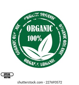 Vector: Green rubber stamp, label, symbol and sticker with text 100% and three leafs Organic natural product isolated on white background. 