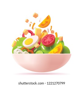 Vector green salad icon. Includes red and orange tomato, lettuce, cheese, egg, red bell pepper, croutons and onion