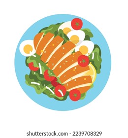 Vector green salad icon. Includes red and orange tomato, lettuce, cheese, egg, red bell pepper, Vector Illustration