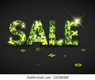 Vector green sale label made from various letters