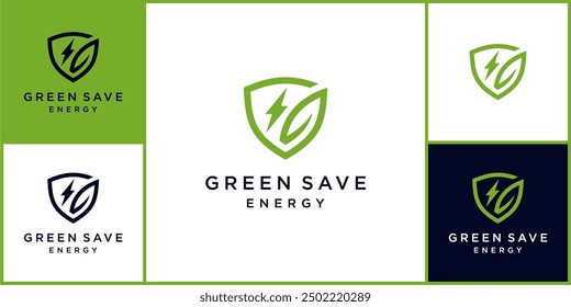 El logotipo y el ícono de la energía del verde del Vector Guardar, hechos de las hojas, del escudo y del relámpago, se pueden utilizar en diversos medios fácilmente, editables