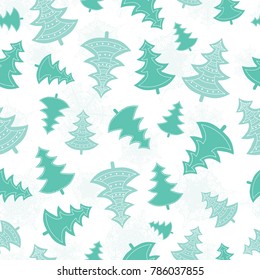 Vector green scattered christmas trees forest holiday seamless pattern. Great for winter holiday fabric, wallpaper, packaging, giftwrap.