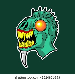 Vector green sea monster with yellow eyes, has fins on the head and a horn on the chin. A sea monster with sharp teeth and long fangs