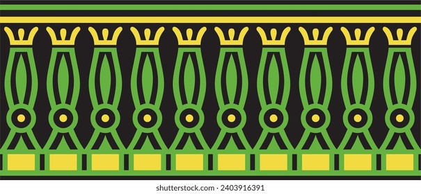Vector green seamless Egyptian border. Endless ornament of Ancient Africa. Pattern of lotus flowers and sun.
